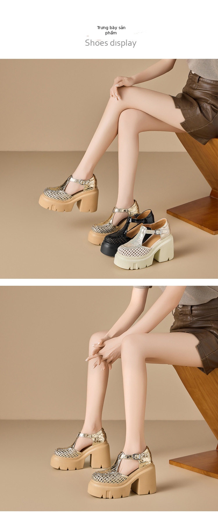 Sandal cao gót nữ quai ngang mũi kín đan lát gót vuông 12 cm phong cách Mary Jane — [Trắng kem], [Đen], [Vàng nhạt] chi tiết 2