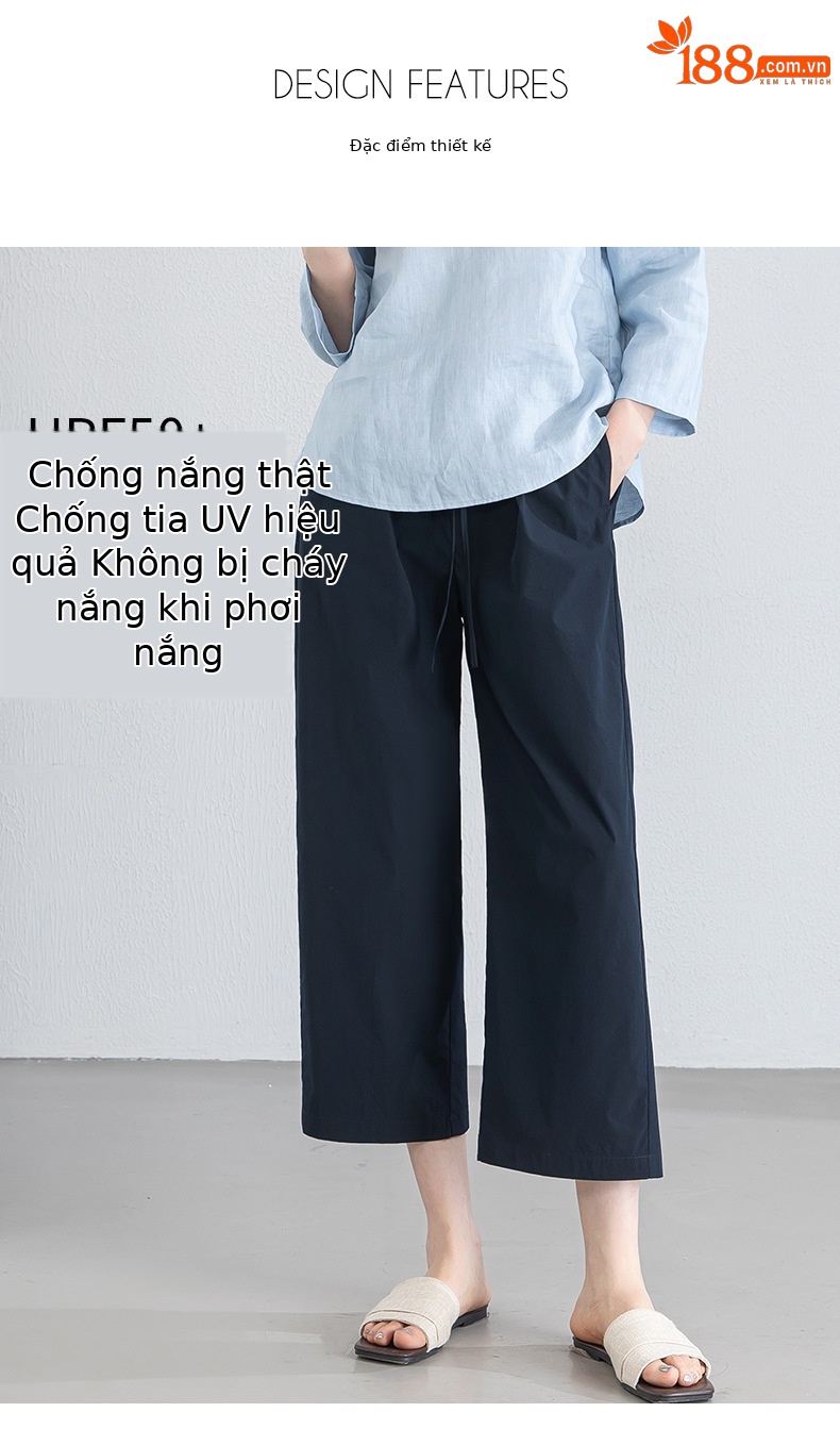 Quần tây nữ ống đứng cạp thun thoáng khí dáng suông — Xanh lông mòng đen chi tiết 9