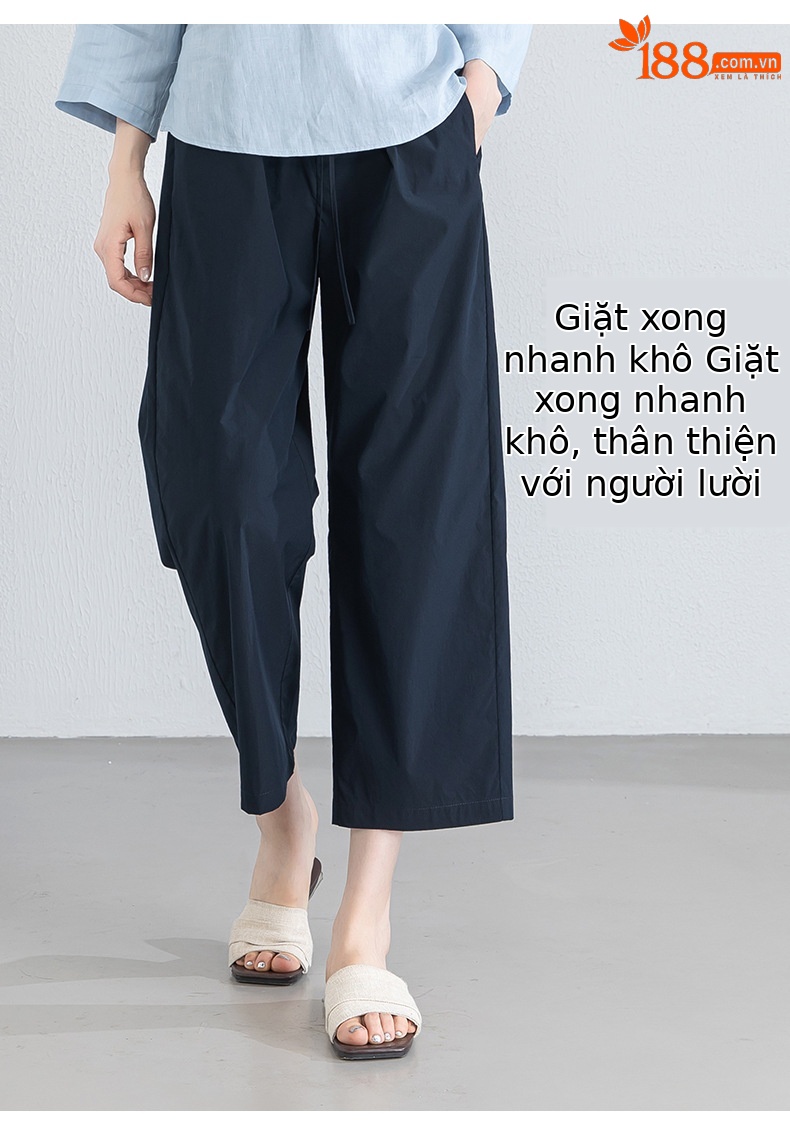 Quần tây nữ ống đứng cạp thun thoáng khí dáng suông — Xanh lông mòng đen chi tiết 12