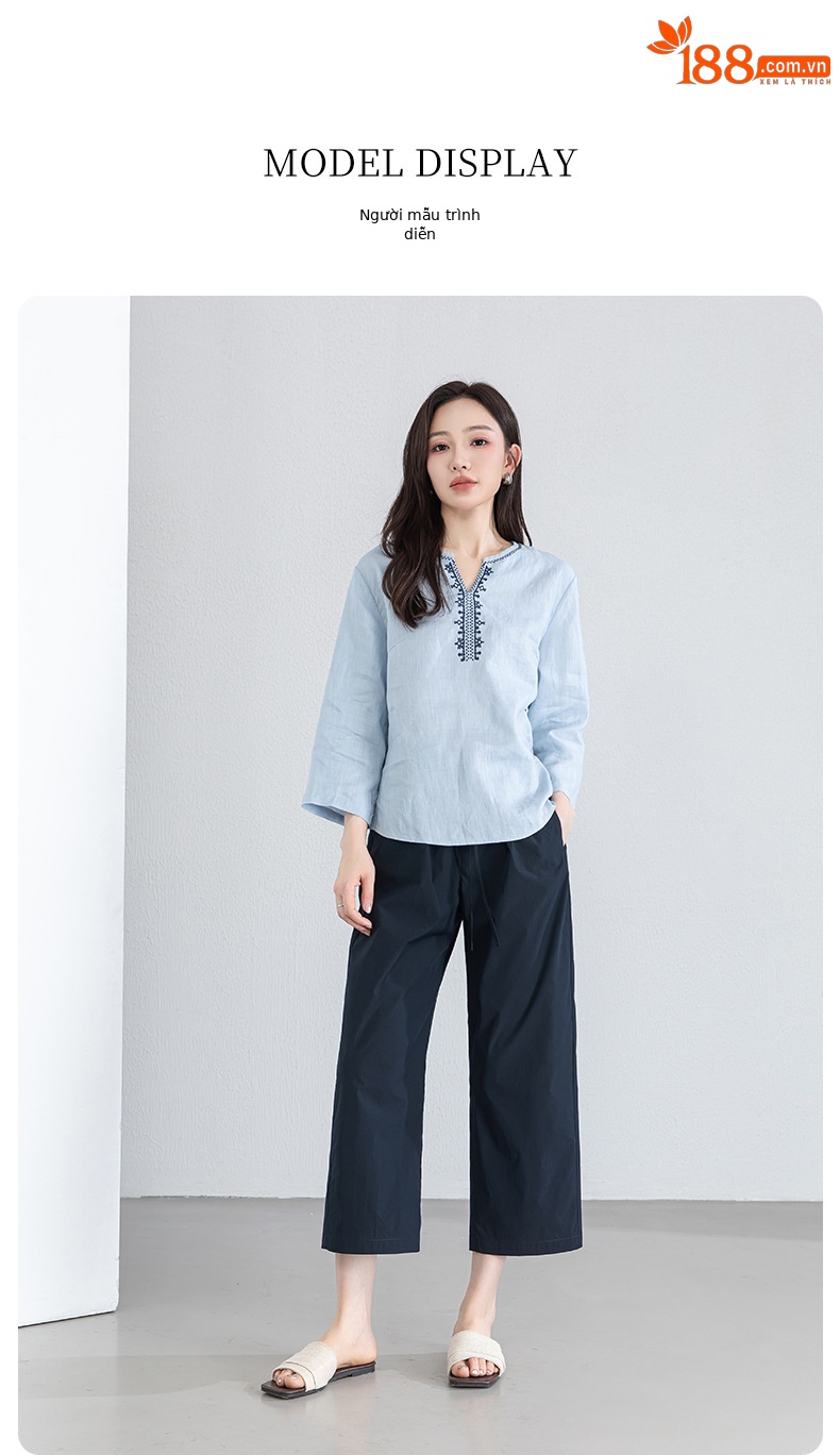 Quần tây nữ ống đứng cạp thun thoáng khí dáng suông — Xanh lông mòng đen chi tiết 21