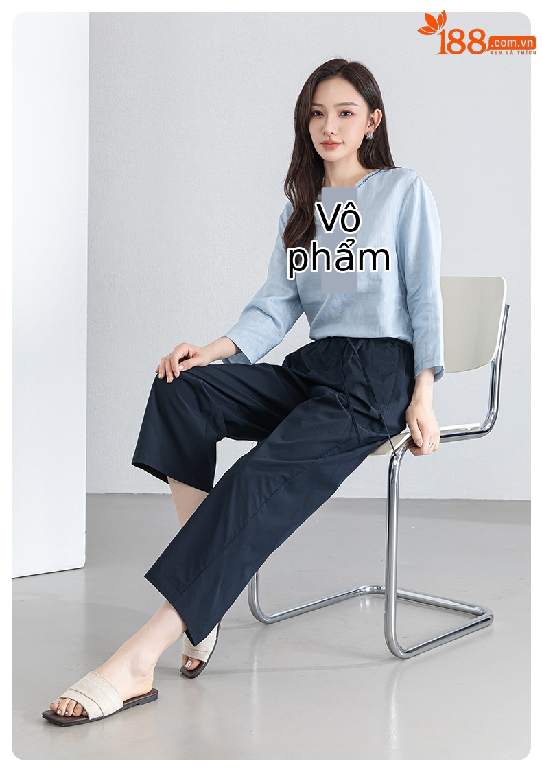 Quần tây nữ ống đứng cạp thun thoáng khí dáng suông — Xanh lông mòng đen chi tiết 26
