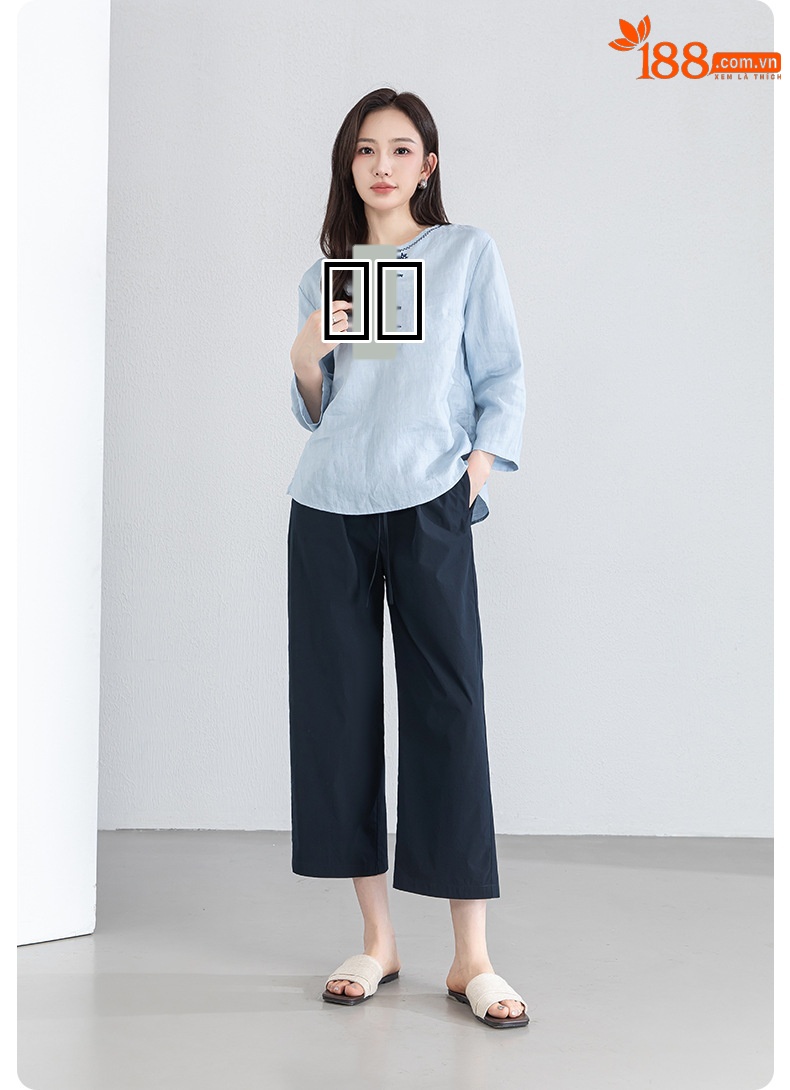 Quần tây nữ ống đứng cạp thun thoáng khí dáng suông — Xanh lông mòng đen chi tiết 27