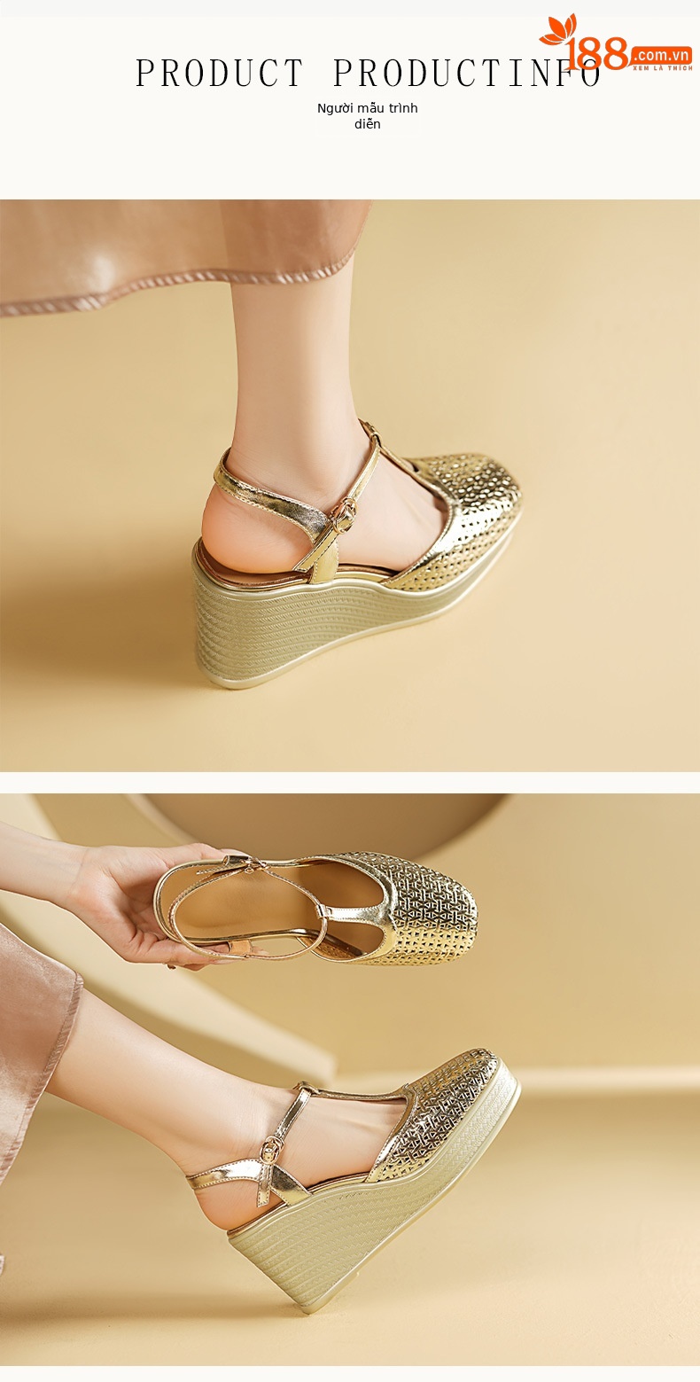 Sandal nữ cao gót mũi hở quai chữ T da thật đế xuồng 9 cm — màu vàng, bạc chi tiết 2