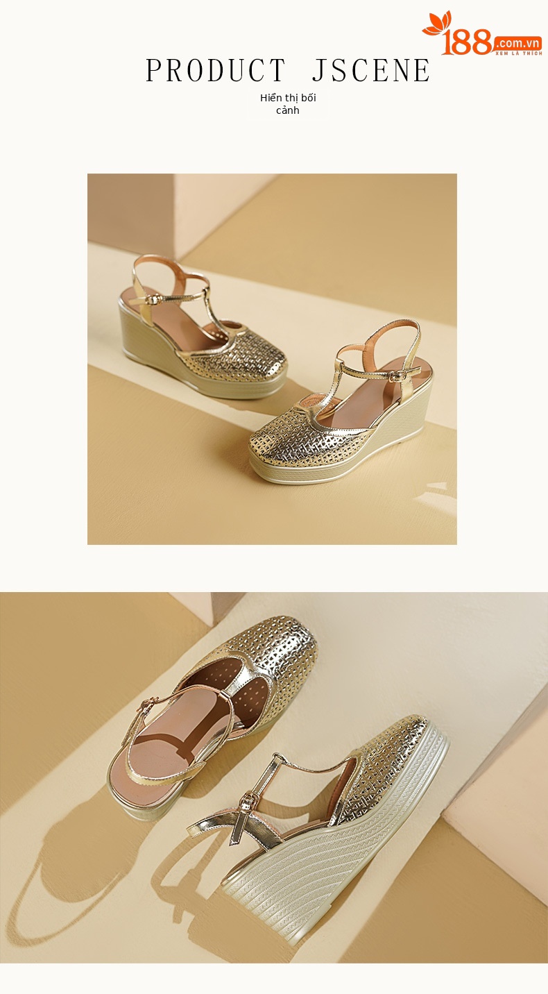 Sandal nữ cao gót mũi hở quai chữ T da thật đế xuồng 9 cm — màu vàng, bạc chi tiết 5