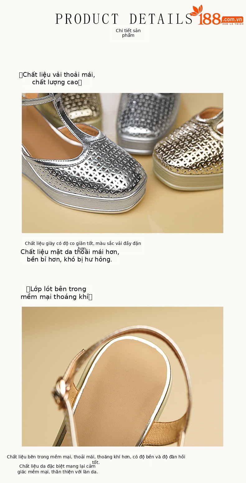 Sandal nữ cao gót mũi hở quai chữ T da thật đế xuồng 9 cm — màu vàng, bạc chi tiết 7