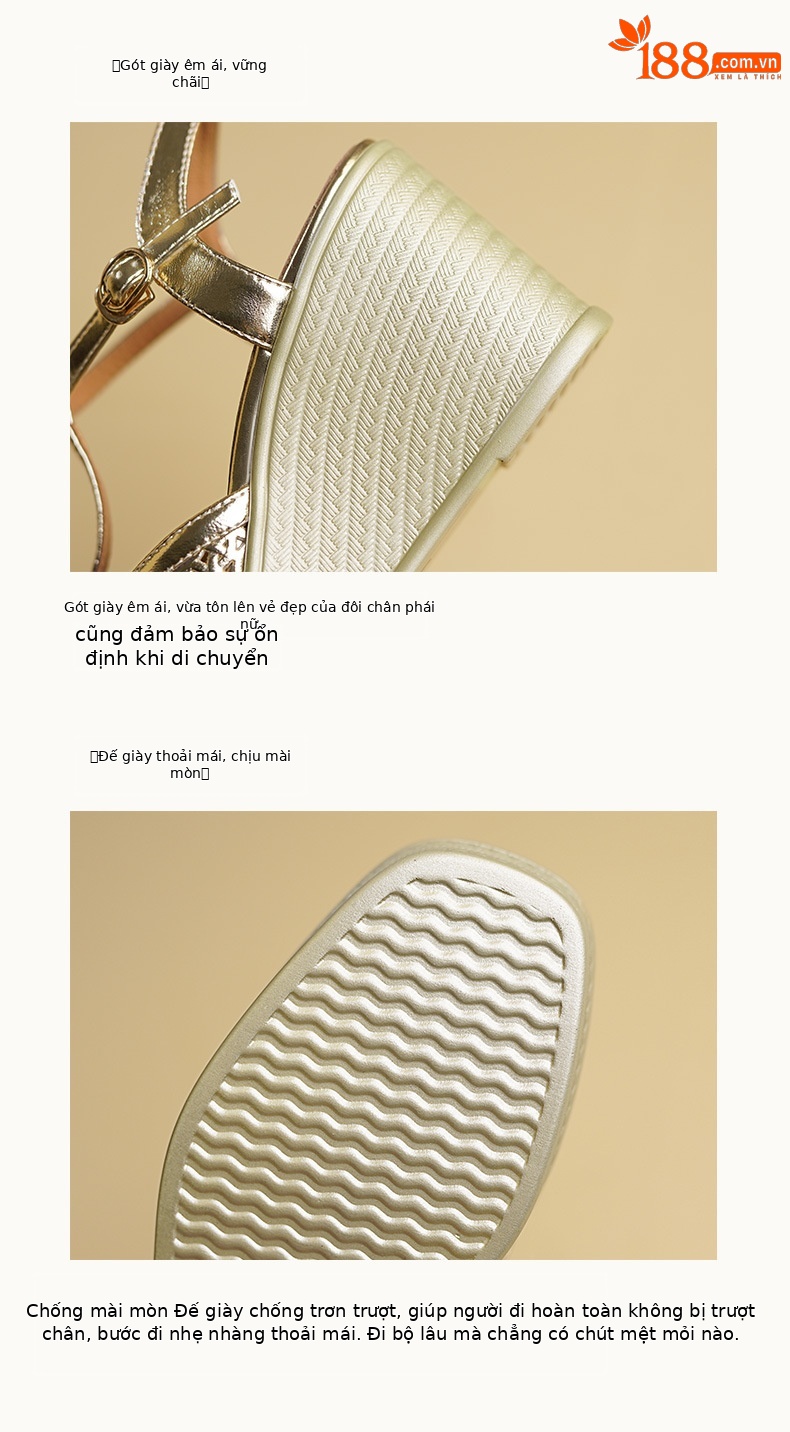 Sandal nữ cao gót mũi hở quai chữ T da thật đế xuồng 9 cm — màu vàng, bạc chi tiết 8