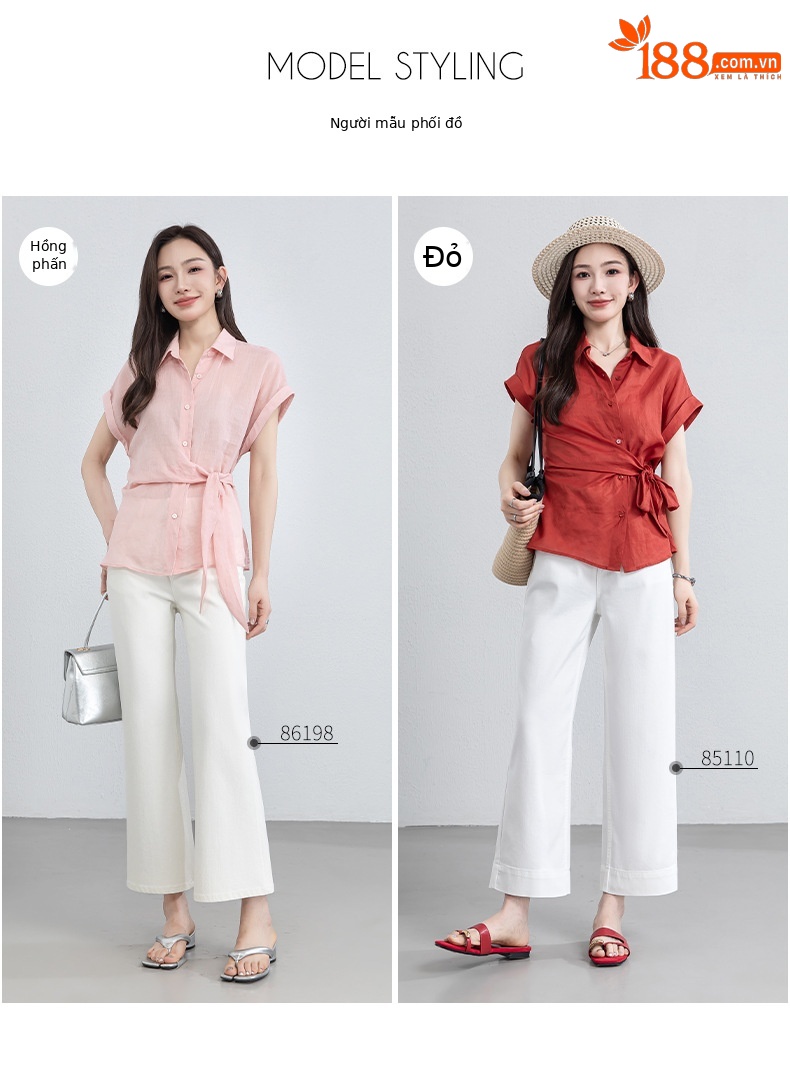 Áo sơ mi nữ không tay cổ bẻ dây rút chất liệu ramie thoáng mát — Màu hồng chi tiết 10