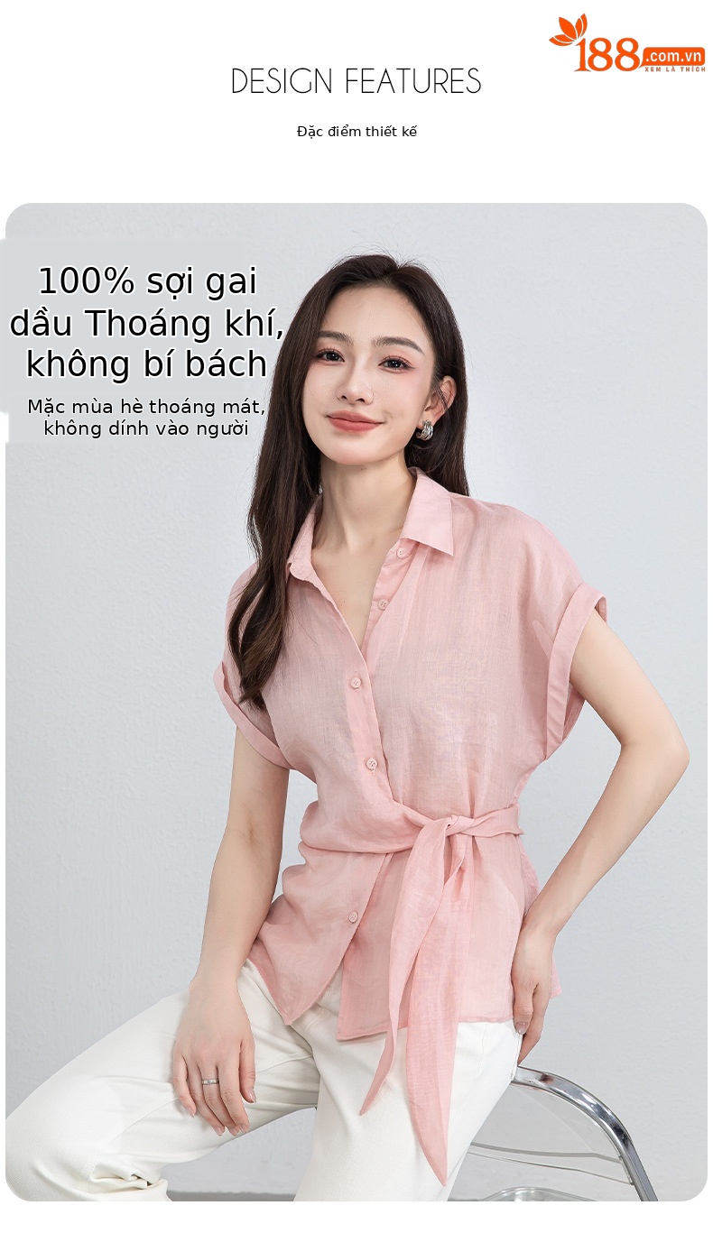 Áo sơ mi nữ không tay cổ bẻ dây rút chất liệu ramie thoáng mát — Màu hồng chi tiết 11
