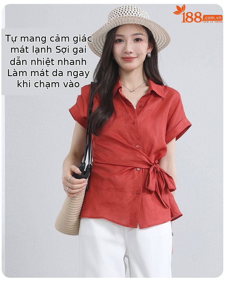 Áo sơ mi nữ không tay cổ bẻ dây rút chất liệu ramie thoáng mát — Màu hồng chi tiết 12