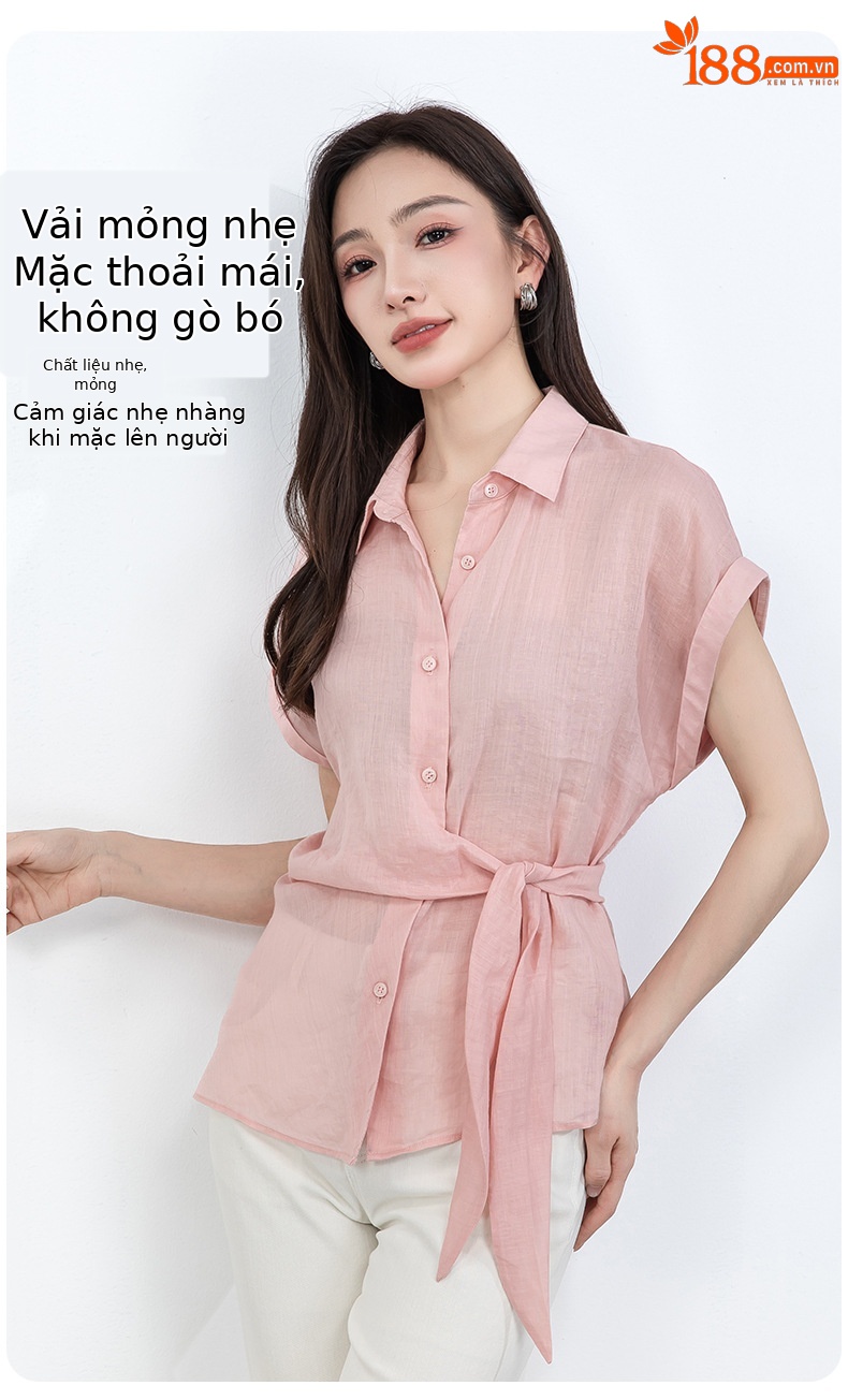 Áo sơ mi nữ không tay cổ bẻ dây rút chất liệu ramie thoáng mát — Màu hồng chi tiết 14