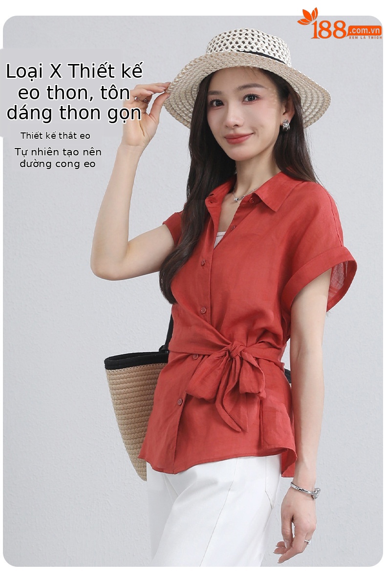 Áo sơ mi nữ không tay cổ bẻ dây rút chất liệu ramie thoáng mát — Màu hồng chi tiết 15