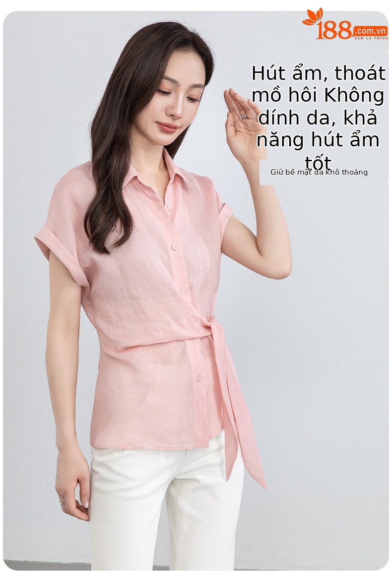 Áo sơ mi nữ không tay cổ bẻ dây rút chất liệu ramie thoáng mát — Màu hồng chi tiết 16