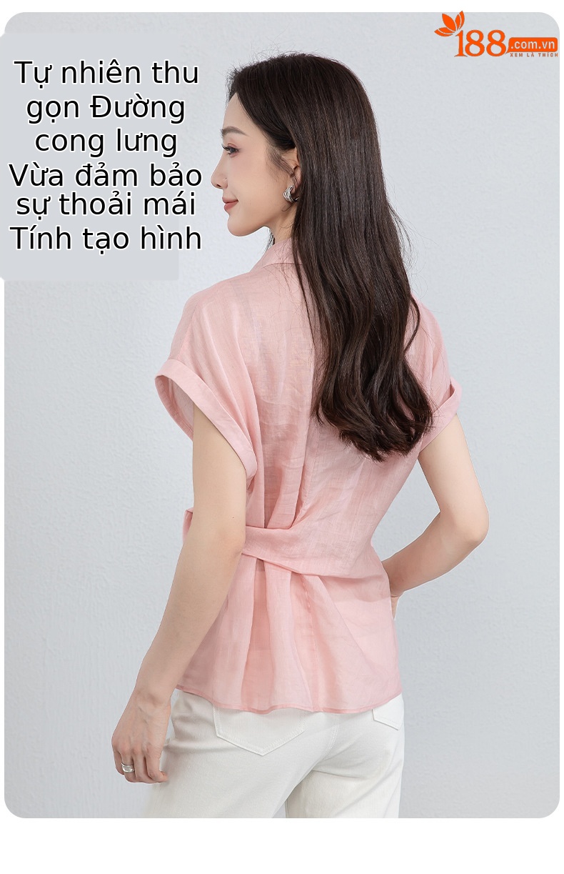Áo sơ mi nữ không tay cổ bẻ dây rút chất liệu ramie thoáng mát — Màu hồng chi tiết 17