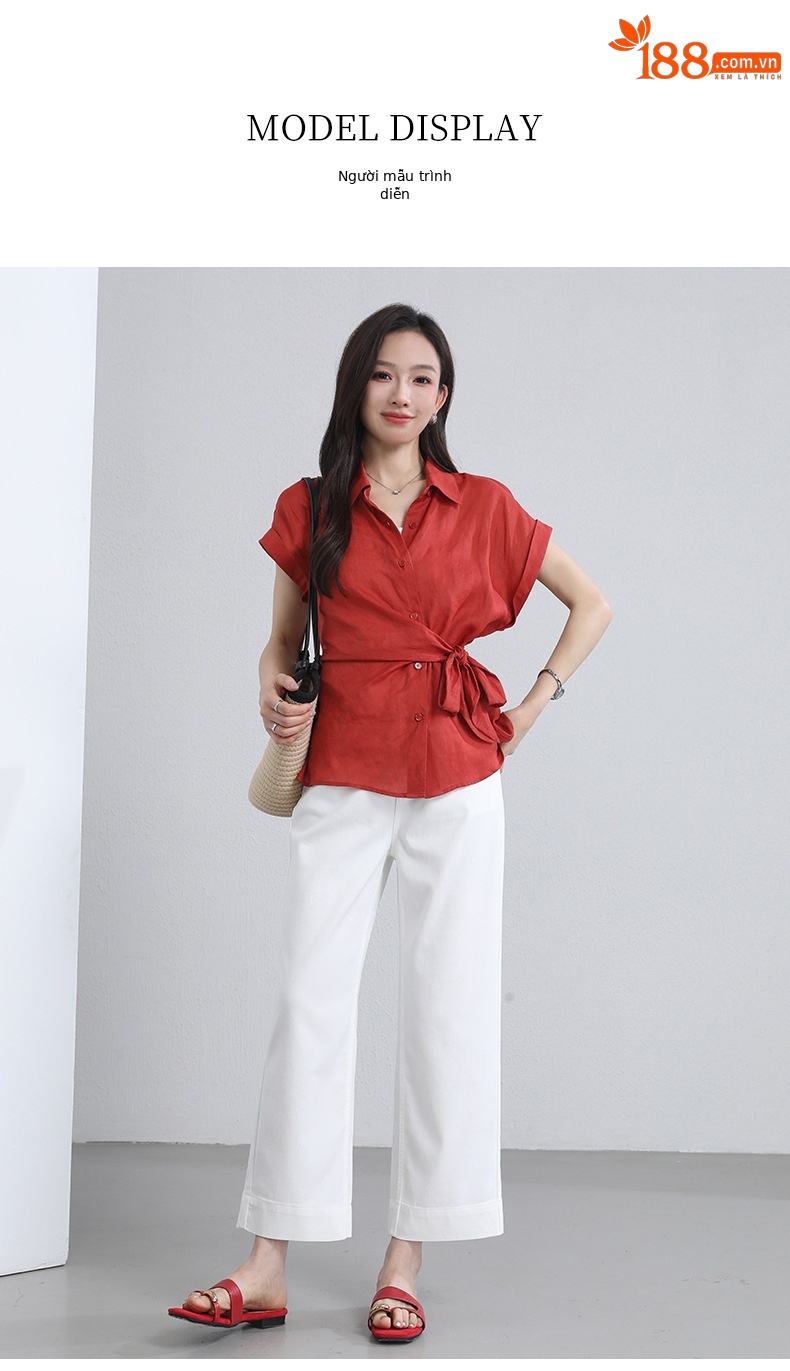 Áo sơ mi nữ không tay cổ bẻ dây rút chất liệu ramie thoáng mát — Màu hồng chi tiết 21
