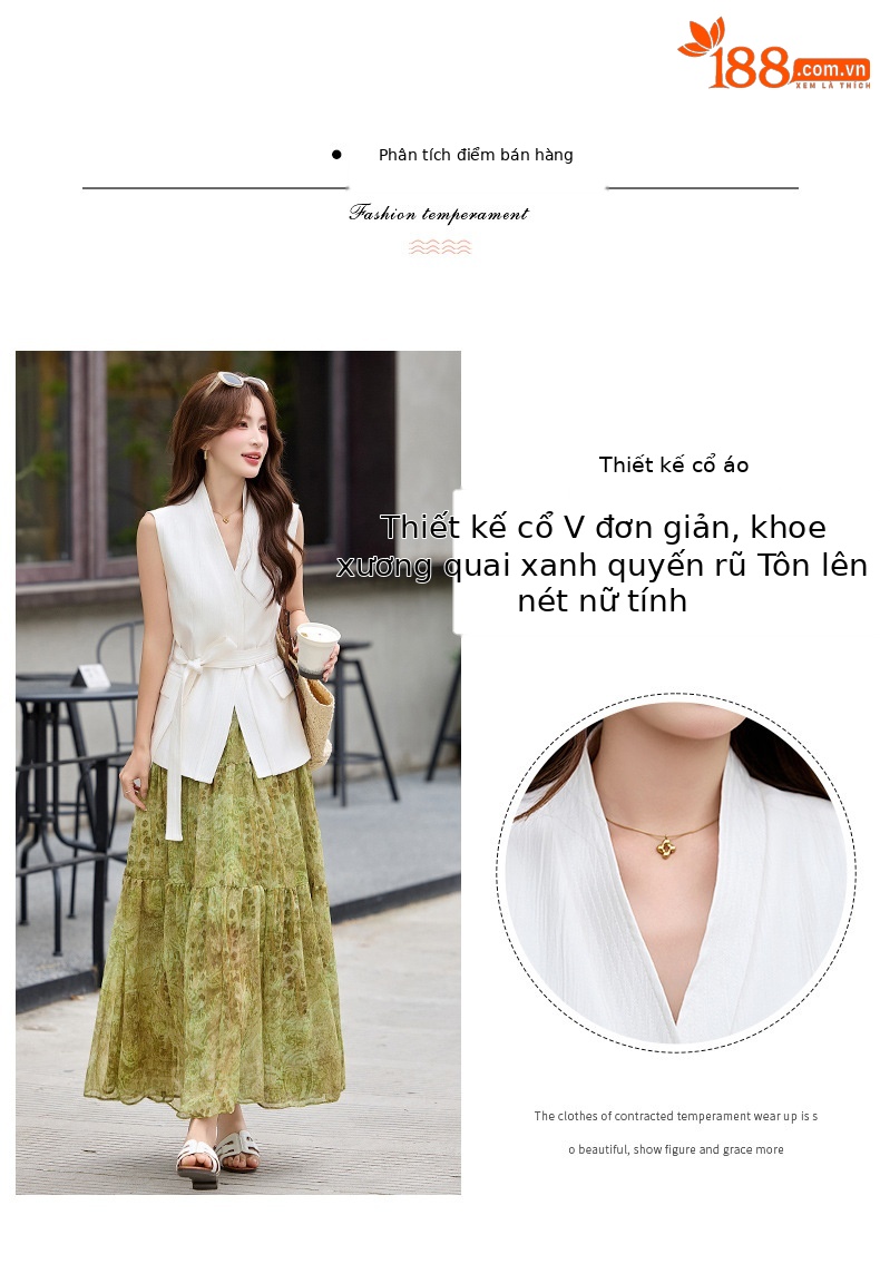 Bộ váy hai mảnh gồm áo vest không tay cổ V và chân váy midi họa tiết hoa, phong cách kỳ nghỉ — màu trắng, màu kaki, màu cà phê chi tiết 4
