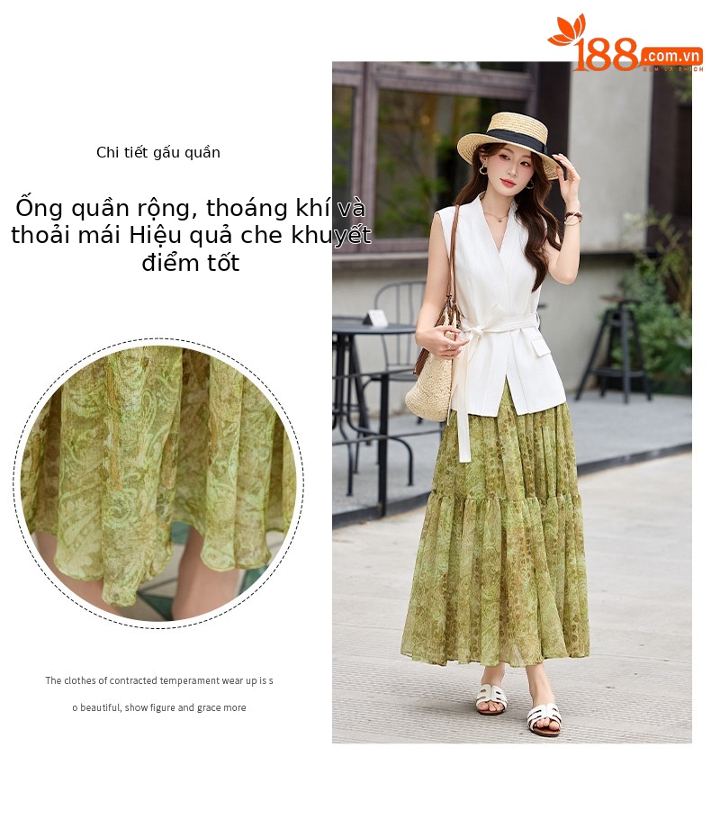 Bộ váy hai mảnh gồm áo vest không tay cổ V và chân váy midi họa tiết hoa, phong cách kỳ nghỉ — màu trắng, màu kaki, màu cà phê chi tiết 6