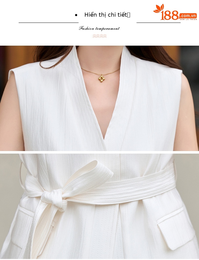 Bộ váy hai mảnh gồm áo vest không tay cổ V và chân váy midi họa tiết hoa, phong cách kỳ nghỉ — màu trắng, màu kaki, màu cà phê chi tiết 36