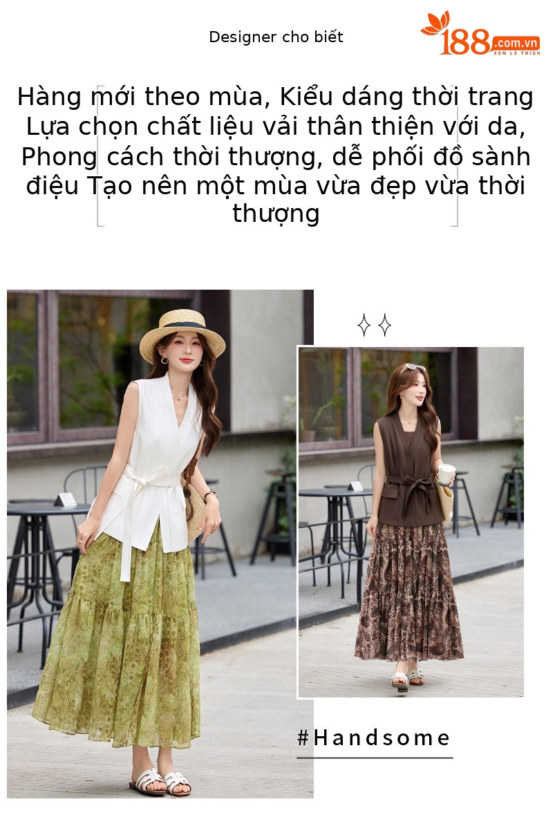 Bộ váy hai mảnh gồm áo vest không tay cổ V và chân váy midi họa tiết hoa, phong cách kỳ nghỉ — màu trắng, màu kaki, màu cà phê chi tiết 1