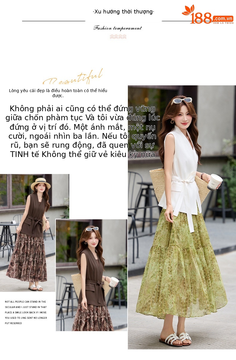 Bộ váy hai mảnh gồm áo vest không tay cổ V và chân váy midi họa tiết hoa, phong cách kỳ nghỉ — màu trắng, màu kaki, màu cà phê chi tiết 3