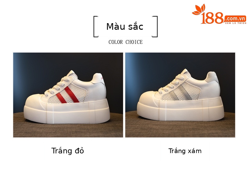 Giày sneaker nữ đế dày tăng chiều cao phong cách trắng basic — Trắng Đỏ chi tiết 1