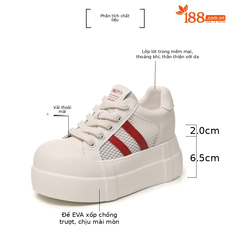 Giày sneaker nữ đế dày tăng chiều cao phong cách trắng basic — Trắng Đỏ chi tiết 2