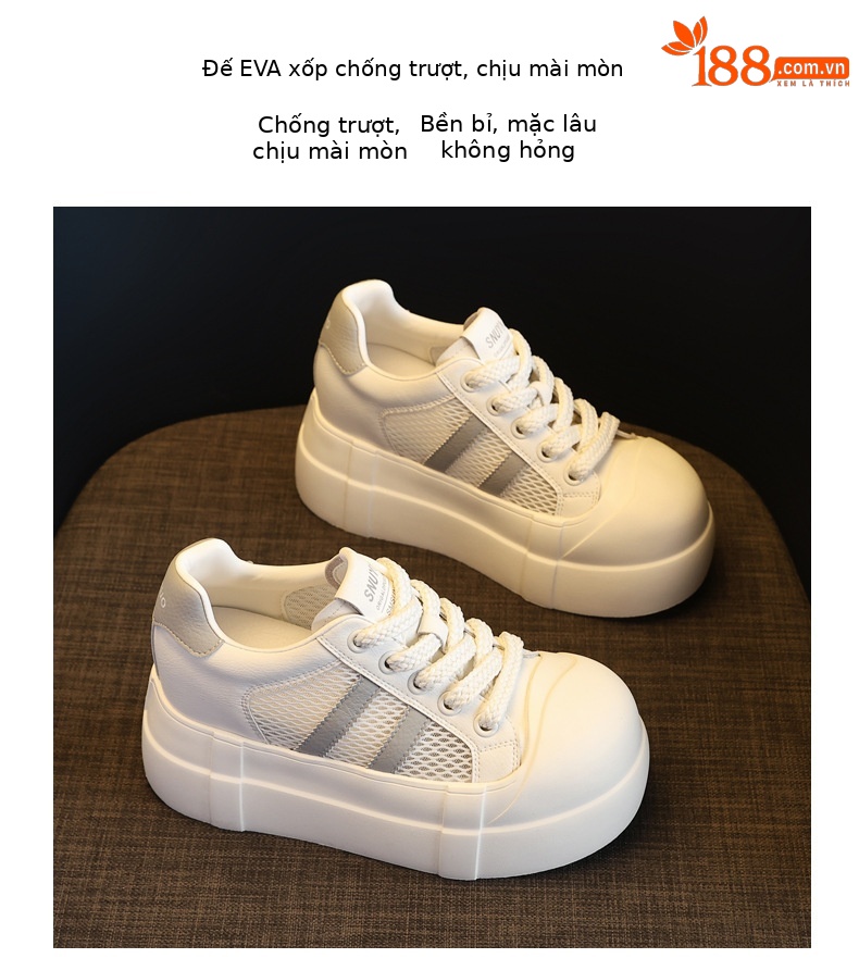 Giày sneaker nữ đế dày tăng chiều cao phong cách trắng basic — Trắng Đỏ chi tiết 9
