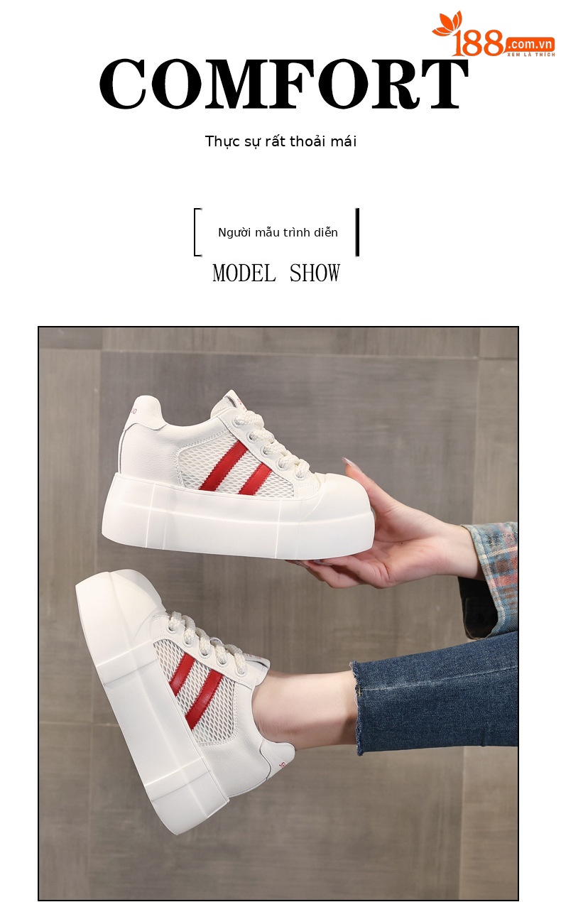 Giày sneaker nữ đế dày tăng chiều cao phong cách trắng basic — Trắng Đỏ chi tiết 10