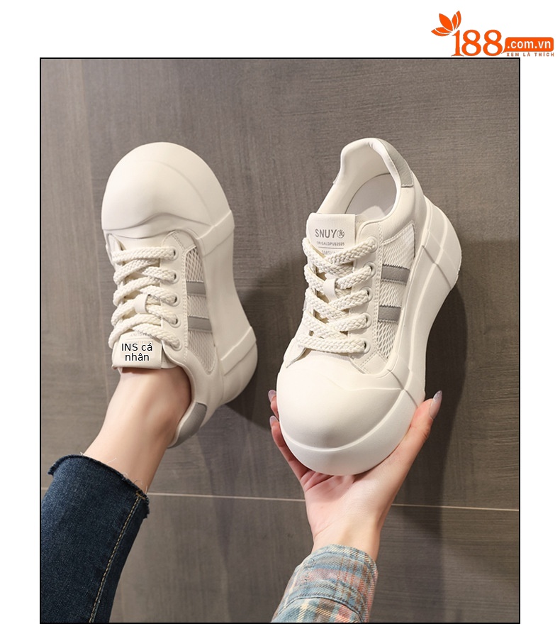 Giày sneaker nữ đế dày tăng chiều cao phong cách trắng basic — Trắng Đỏ chi tiết 13