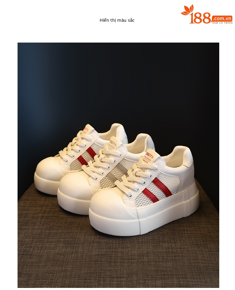 Giày sneaker nữ đế dày tăng chiều cao phong cách trắng basic — Trắng Đỏ chi tiết 17