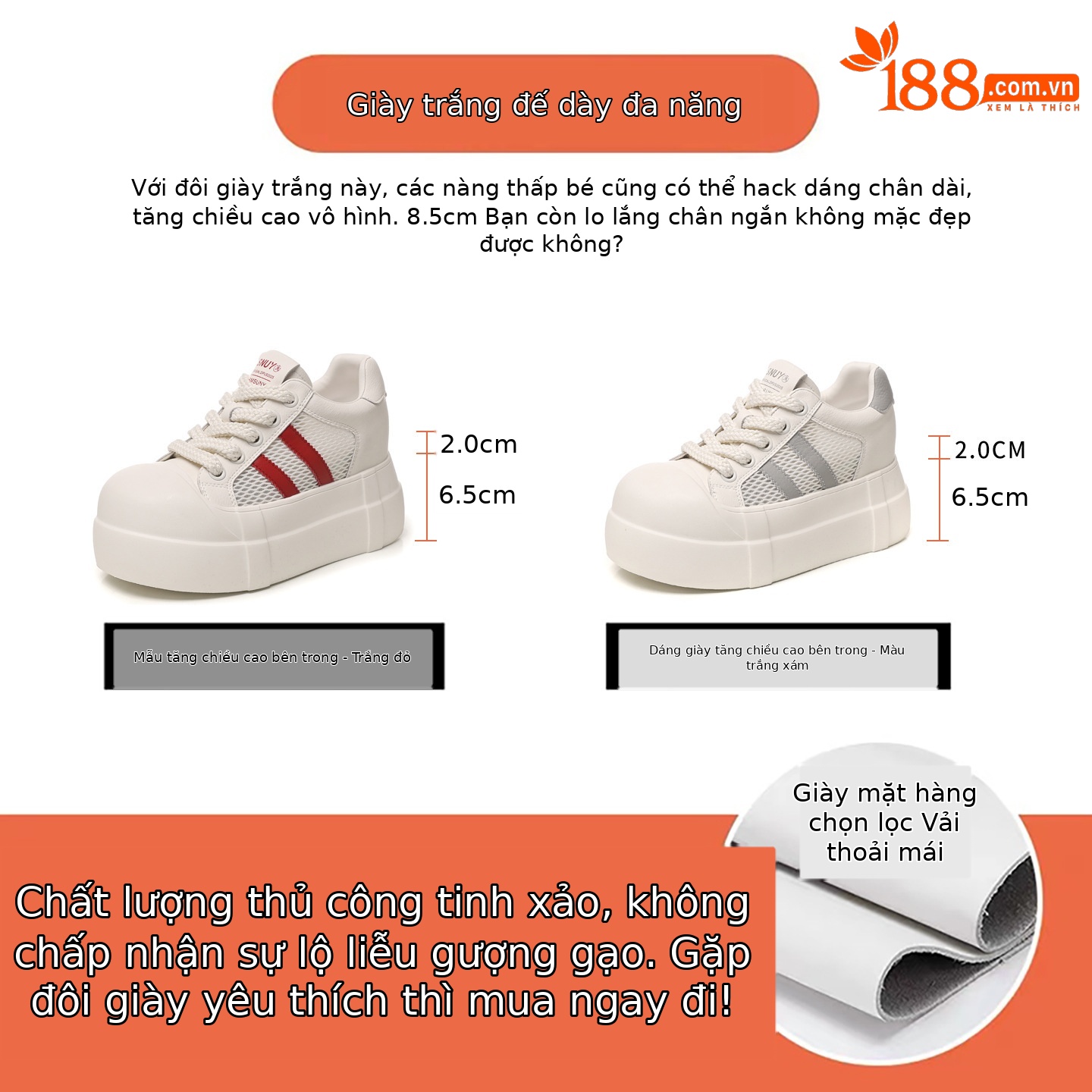 Giày sneaker nữ đế dày tăng chiều cao phong cách trắng basic — Trắng Đỏ