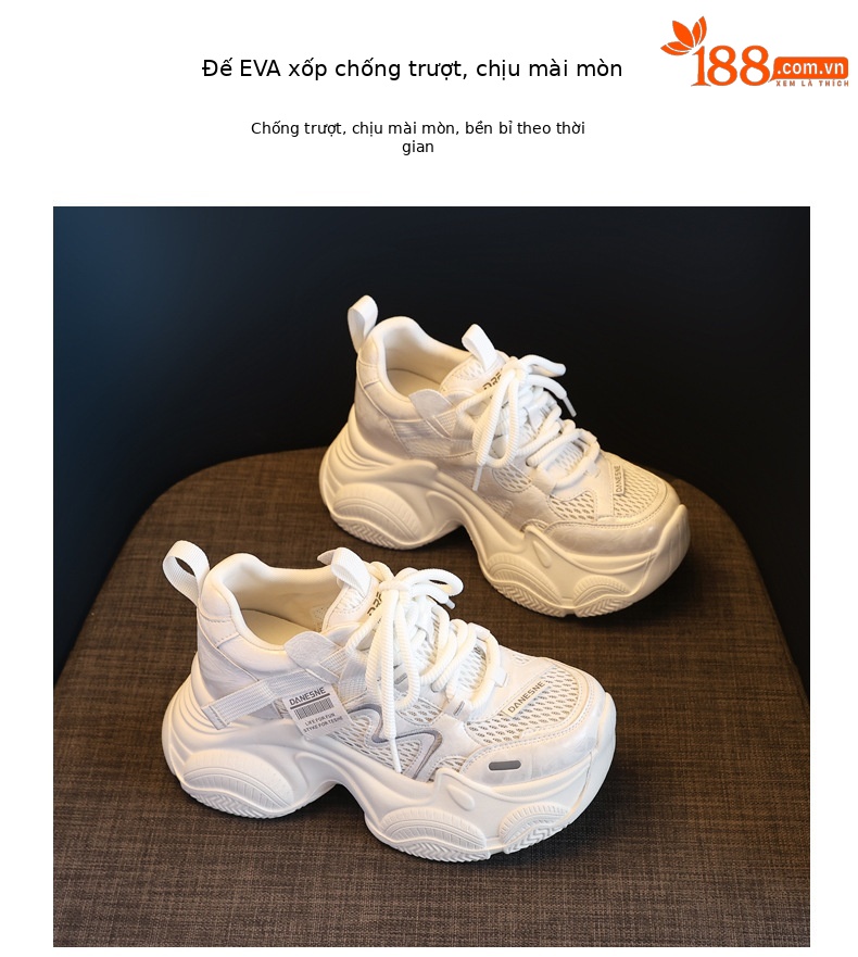 Giày sneaker nữ đế dày tăng chiều cao lưới thoáng khí phong cách thể thao — màu be chi tiết 9