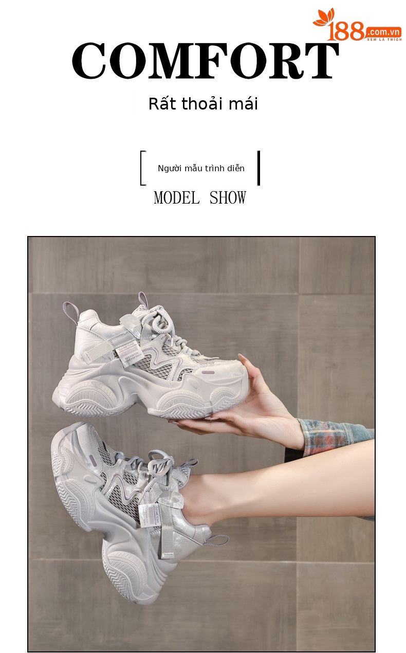 Giày sneaker nữ đế dày tăng chiều cao lưới thoáng khí phong cách thể thao — màu be chi tiết 10
