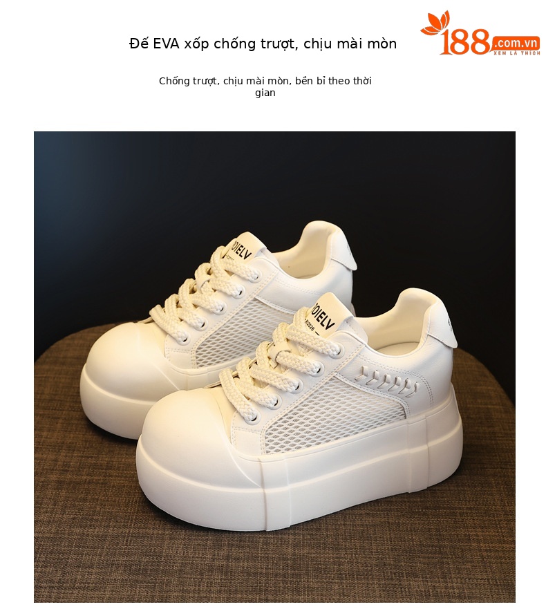 Giày sneaker nữ đế dày tăng chiều cao lưới thoáng khí trắng basic — màu trắng chi tiết 7