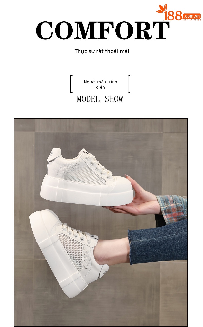 Giày sneaker nữ đế dày tăng chiều cao lưới thoáng khí trắng basic — màu trắng chi tiết 8