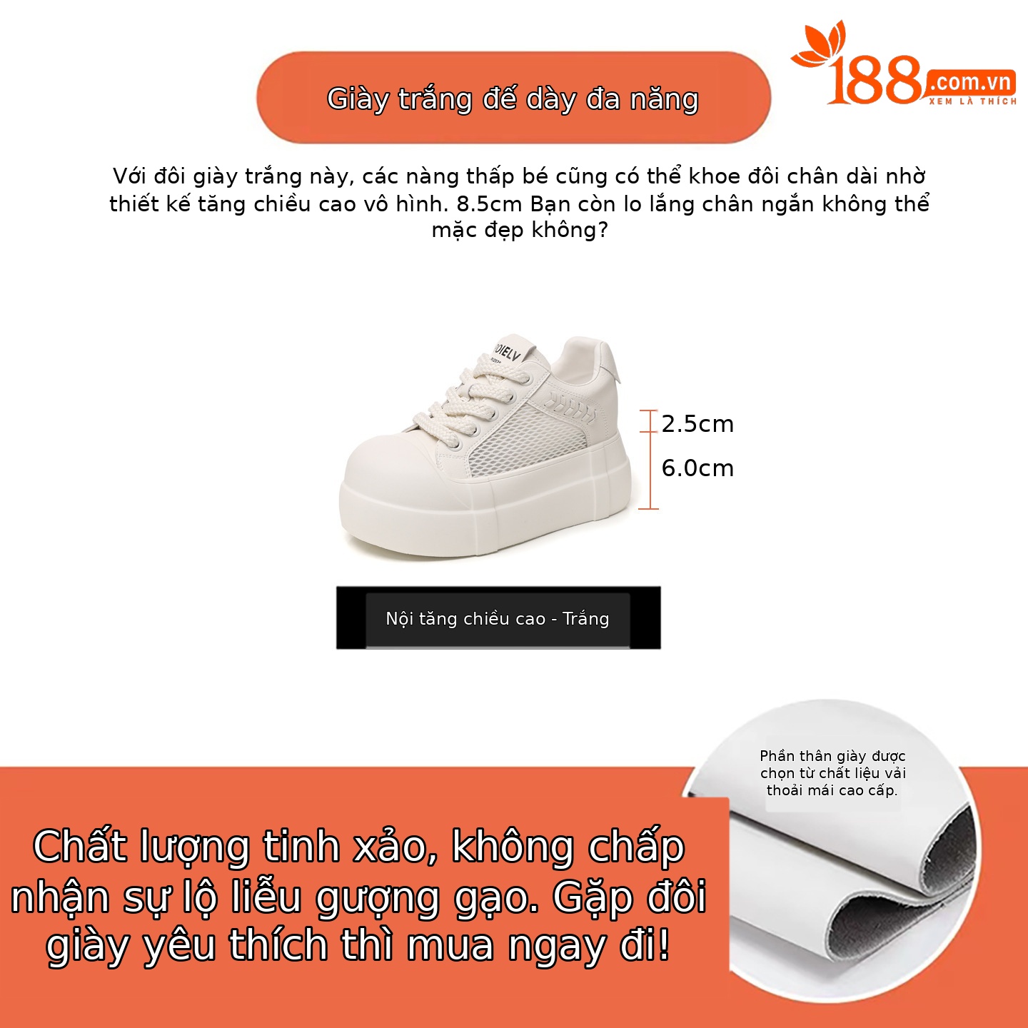 Giày sneaker nữ đế dày tăng chiều cao lưới thoáng khí trắng basic — màu trắng