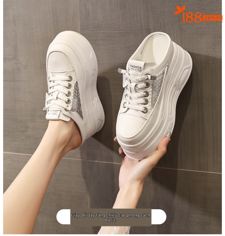 Giày sneaker nữ đế dày tăng chiều cao, cổ thấp dáng lười, mũi tròn bít, phong cách basic trắng đen — màu đen, màu trắng chi tiết 1