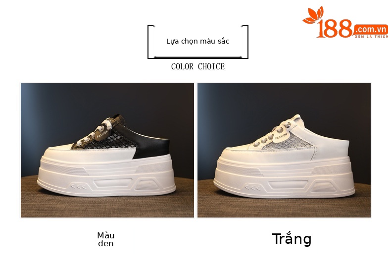 Giày sneaker nữ đế dày tăng chiều cao, cổ thấp dáng lười, mũi tròn bít, phong cách basic trắng đen — màu đen, màu trắng chi tiết 2