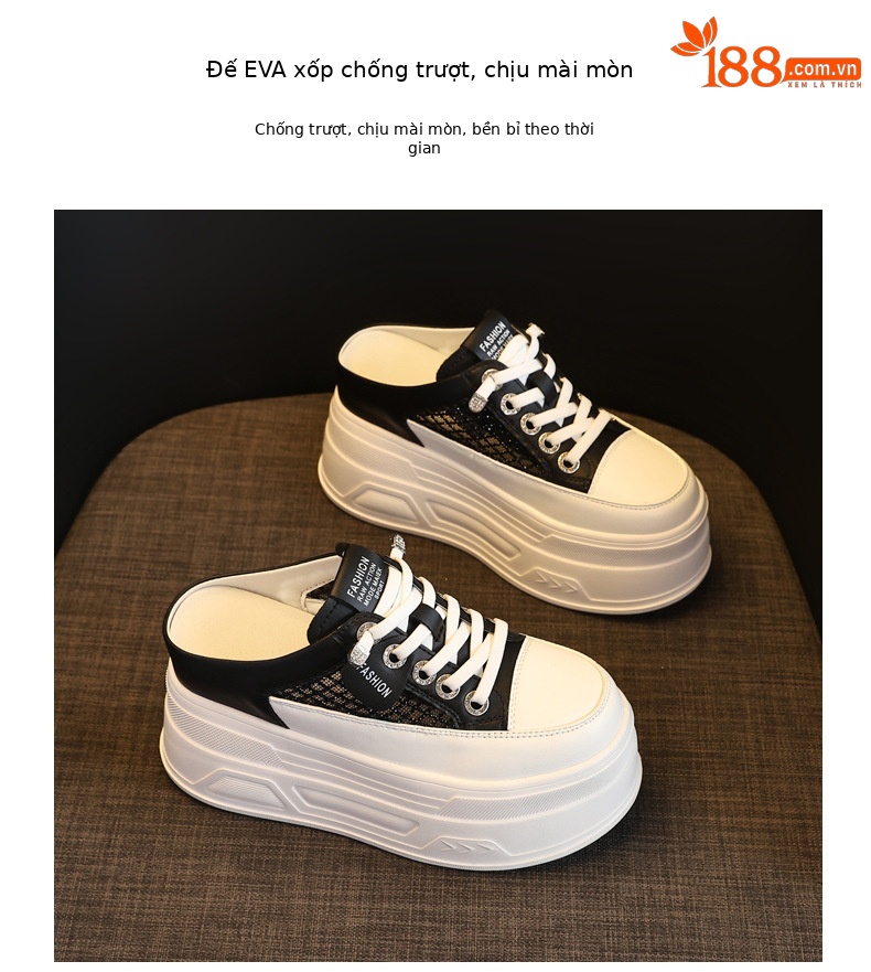 Giày sneaker nữ đế dày tăng chiều cao, cổ thấp dáng lười, mũi tròn bít, phong cách basic trắng đen — màu đen, màu trắng chi tiết 10