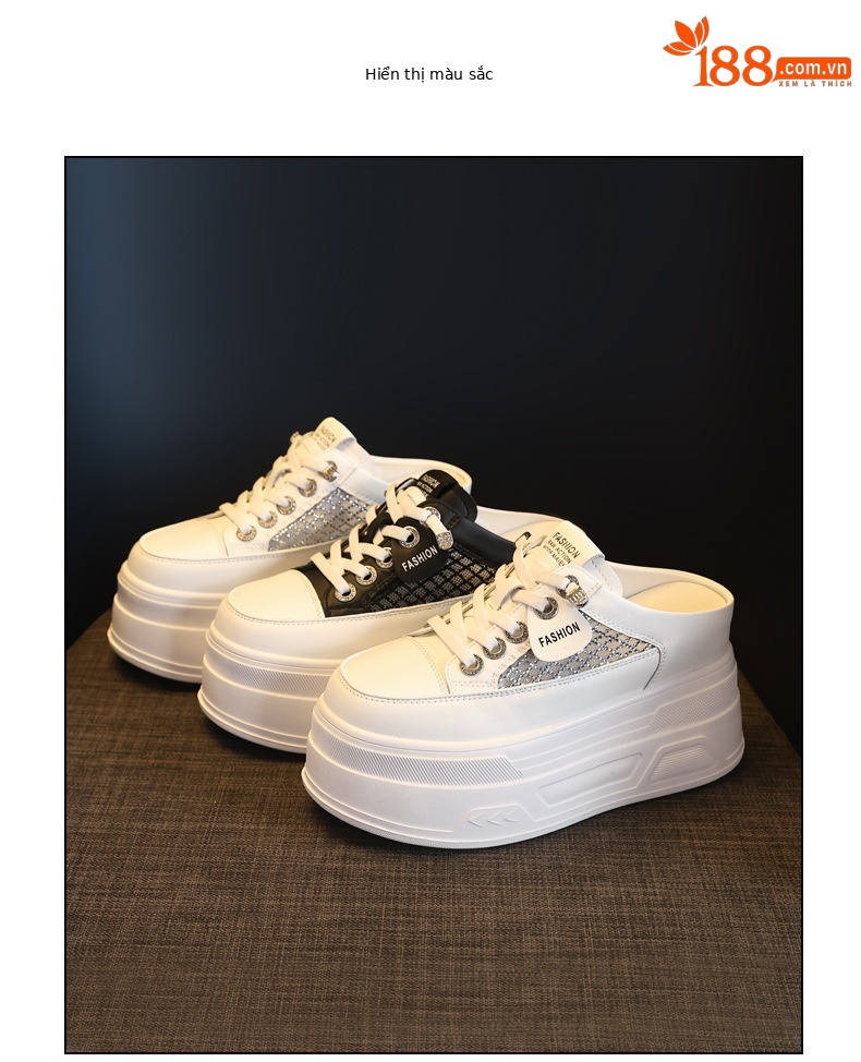 Giày sneaker nữ đế dày tăng chiều cao, cổ thấp dáng lười, mũi tròn bít, phong cách basic trắng đen — màu đen, màu trắng chi tiết 18