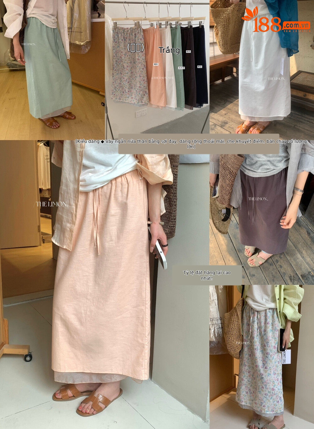 Chân váy chữ A dài midi họa tiết hoa nhí cạp cao dáng suông — màu sắc, Xanh lá cây nhạtcolor, hồng cam, màu trắng chi tiết 6