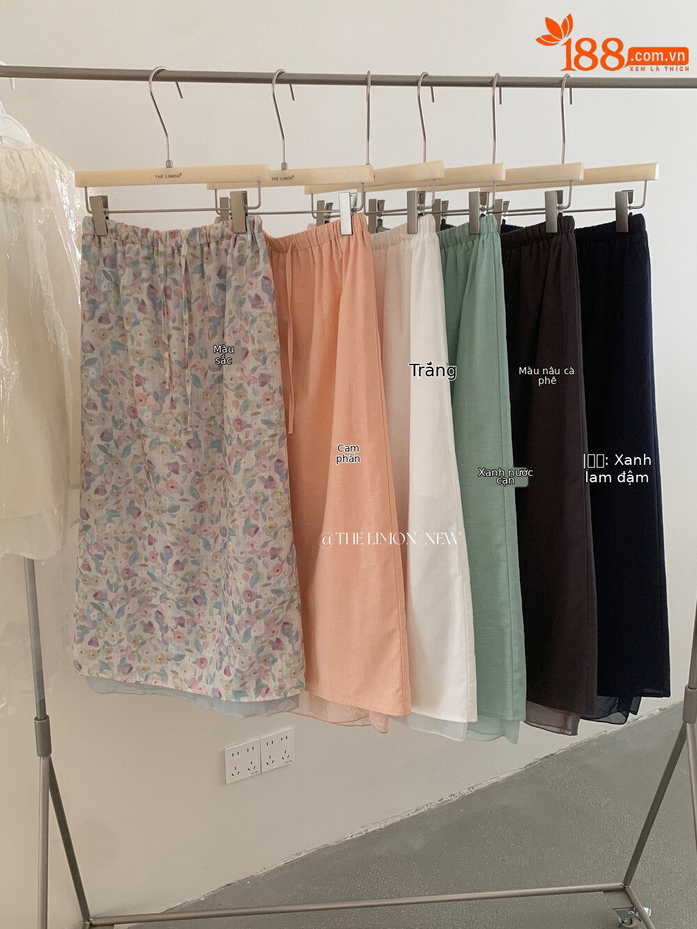Chân váy chữ A dài midi họa tiết hoa nhí cạp cao dáng suông — màu sắc, Xanh lá cây nhạtcolor, hồng cam, màu trắng chi tiết 1
