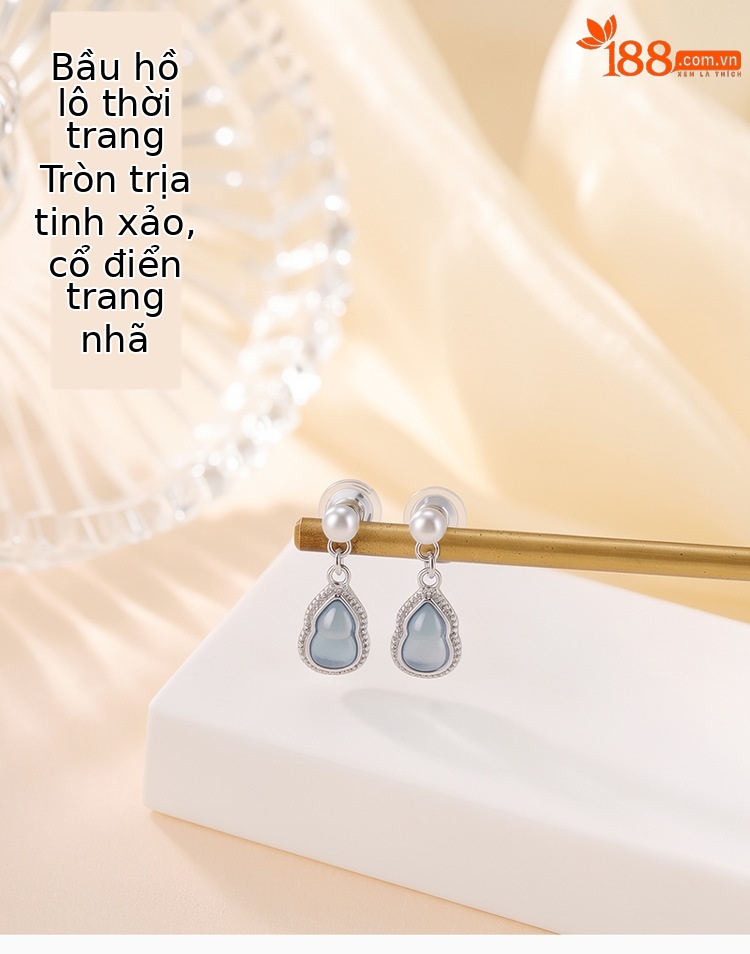 Bông tai bạc S925 đính đá aquamarine và ngọc trai hình hồ lô phong cách tối giản — Một đôi chi tiết 1