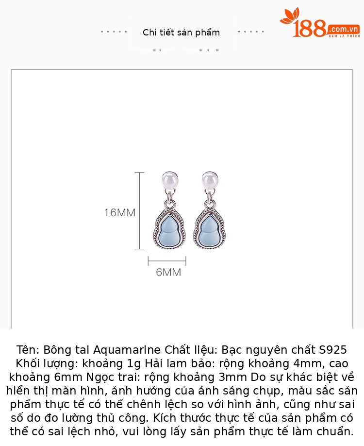Bông tai bạc S925 đính đá aquamarine và ngọc trai hình hồ lô phong cách tối giản — Một đôi chi tiết 2