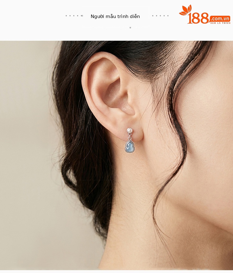 Bông tai bạc S925 đính đá aquamarine và ngọc trai hình hồ lô phong cách tối giản — Một đôi chi tiết 3