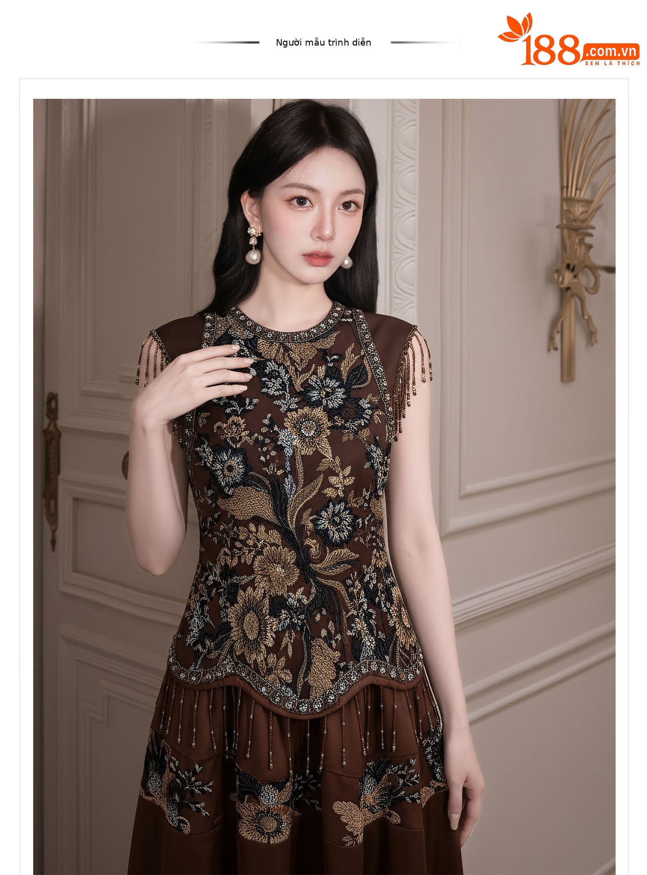 Đầm maxi nữ thắt eo phong cách Tân Trung Hoa, cổ tròn, đính cườm thêu ren, thiết kế vintage — Màu cà phê chi tiết 1