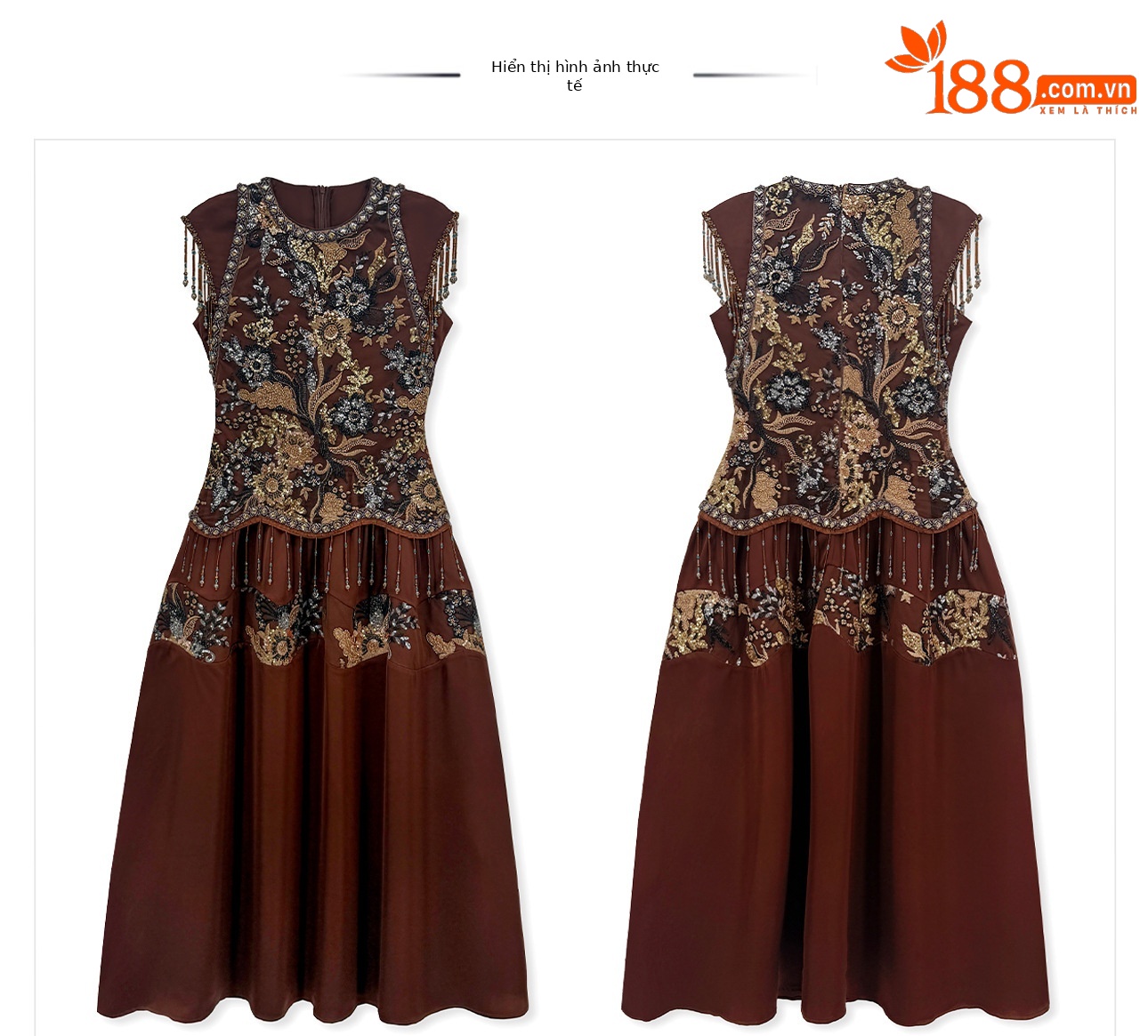Đầm maxi nữ thắt eo phong cách Tân Trung Hoa, cổ tròn, đính cườm thêu ren, thiết kế vintage — Màu cà phê chi tiết 12