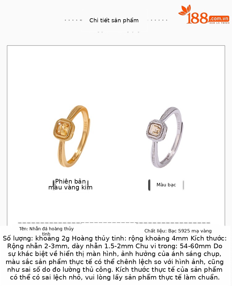 Nhẫn bạc S925 mạ vàng đính đá cubic zirconia hình vuông phong cách thời trang — Loại bạc chi tiết 2