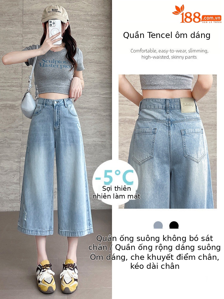 Quần jean nữ ống rộng cạp cao, dáng suông rách gối, chất vải denim mỏng mùa hè — Xanh nhạt 7 phút