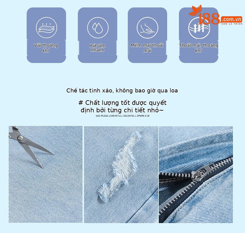 Quần jean nữ ống rộng cạp cao, dáng suông rách gối, chất vải denim mỏng mùa hè — Xanh nhạt 7 phút chi tiết 3