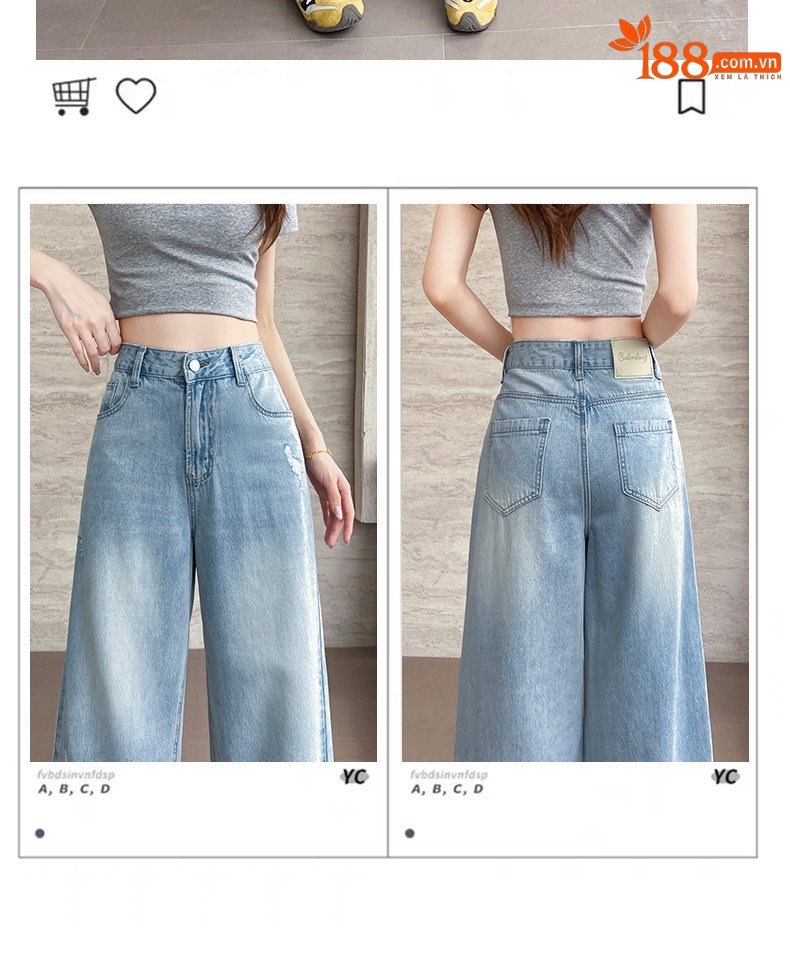 Quần jean nữ ống rộng cạp cao, dáng suông rách gối, chất vải denim mỏng mùa hè — Xanh nhạt 7 phút chi tiết 5